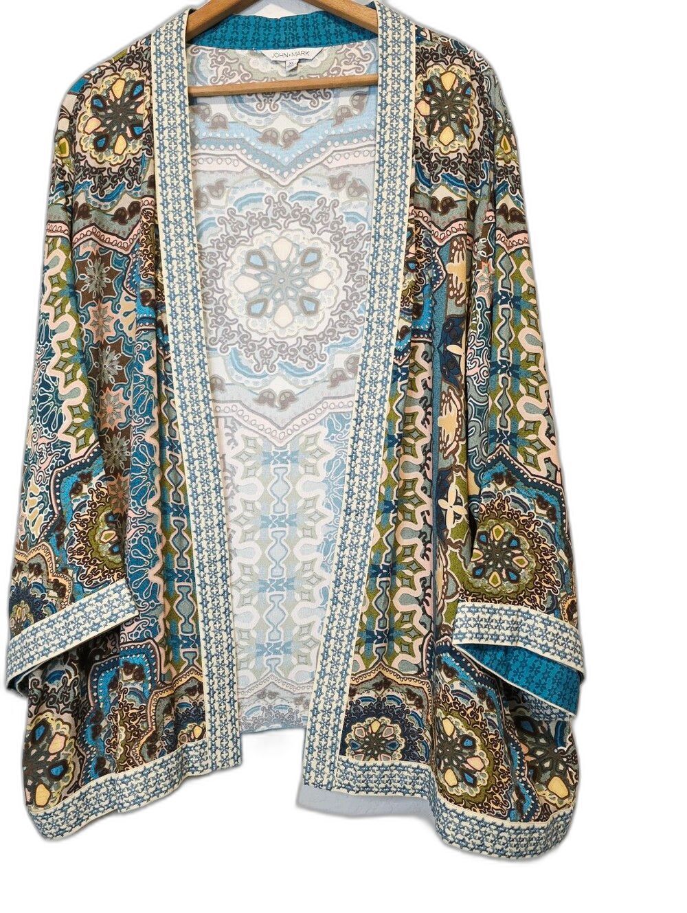 John Mark Kimono Cardigan Open Front Embroidered Boho Artsy Resortwear Size XL